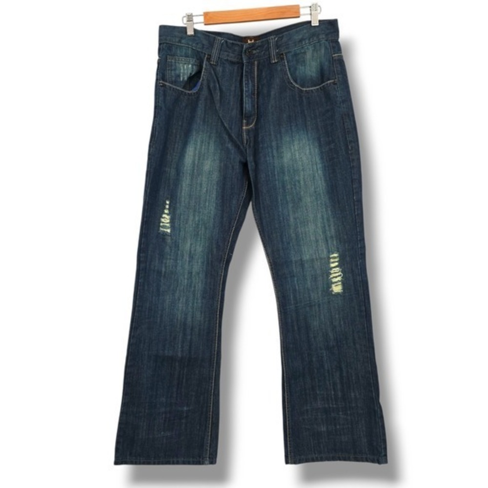 Jeans Distressed Denim Relaxed Fit Bootcut Dark Wash Mens Size 36/32‎